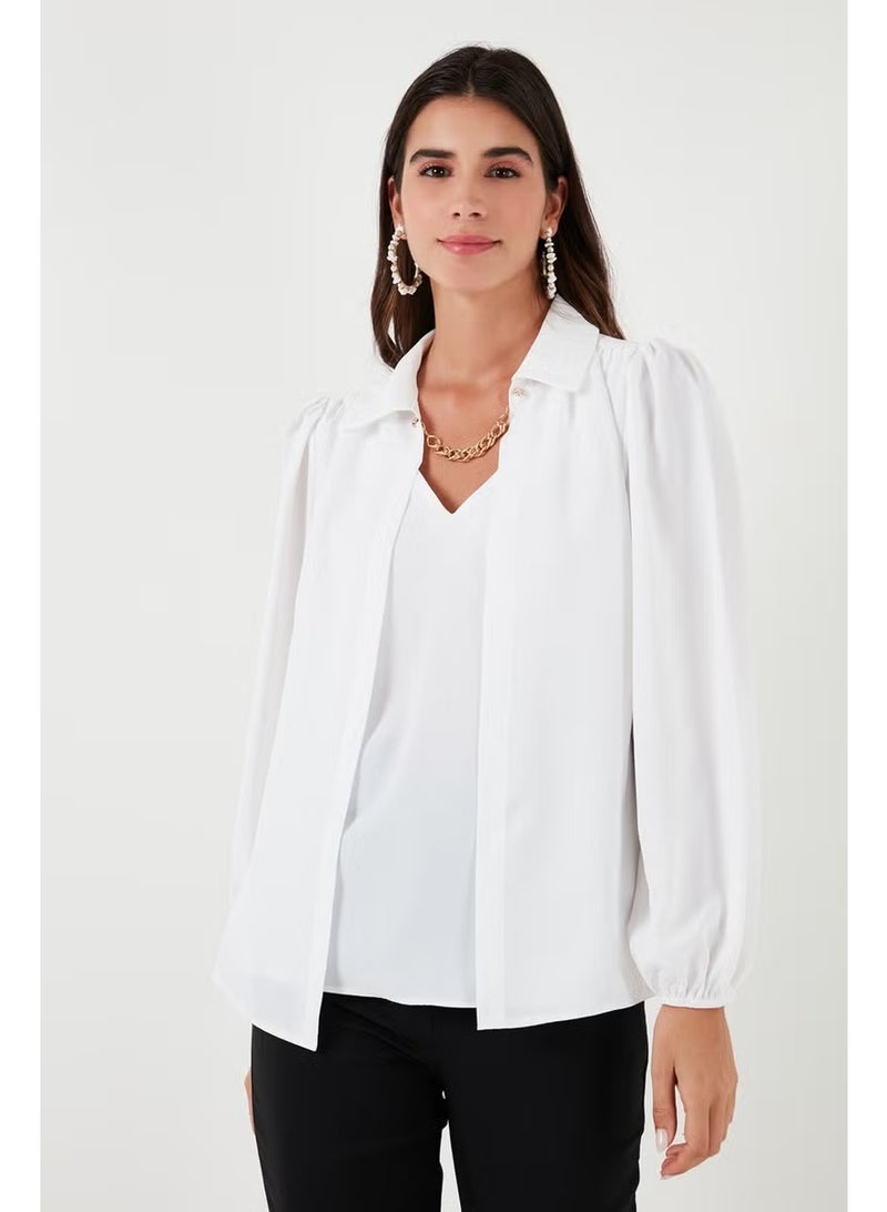 Lela Regular Fit V-Neck Balloon Sleeve Blouse Women's Blouse 611BZ0353 - Image 4